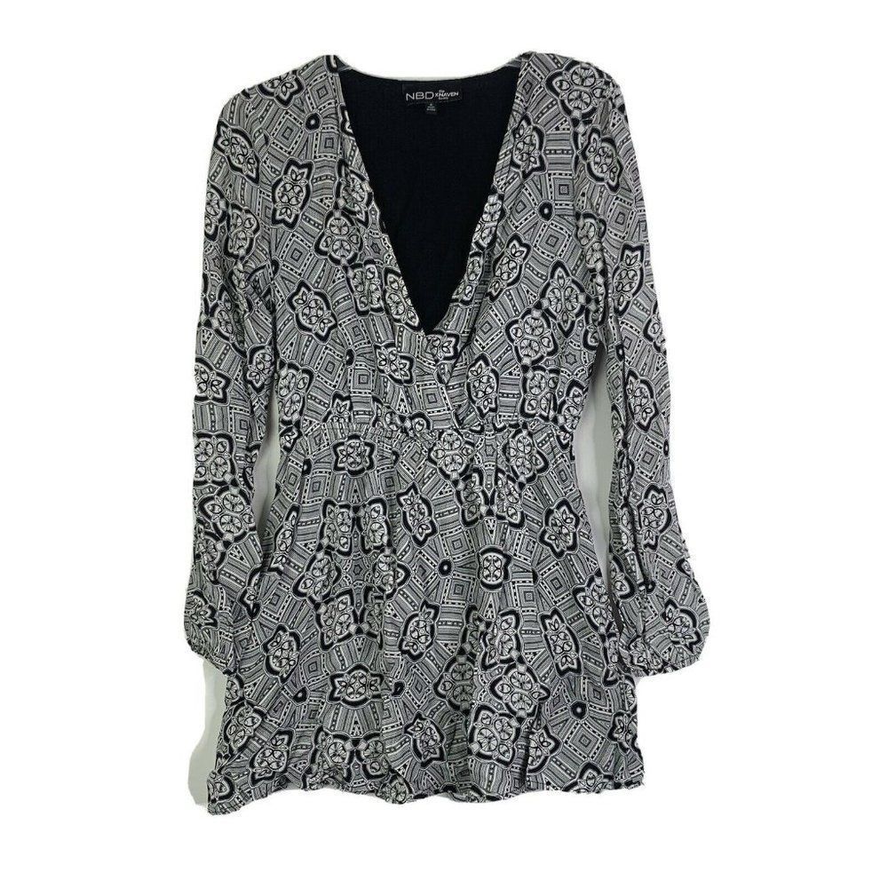 NBD x The Naven Twins Mini Dress S Black White Swing Deep V Neck Long Sleeve